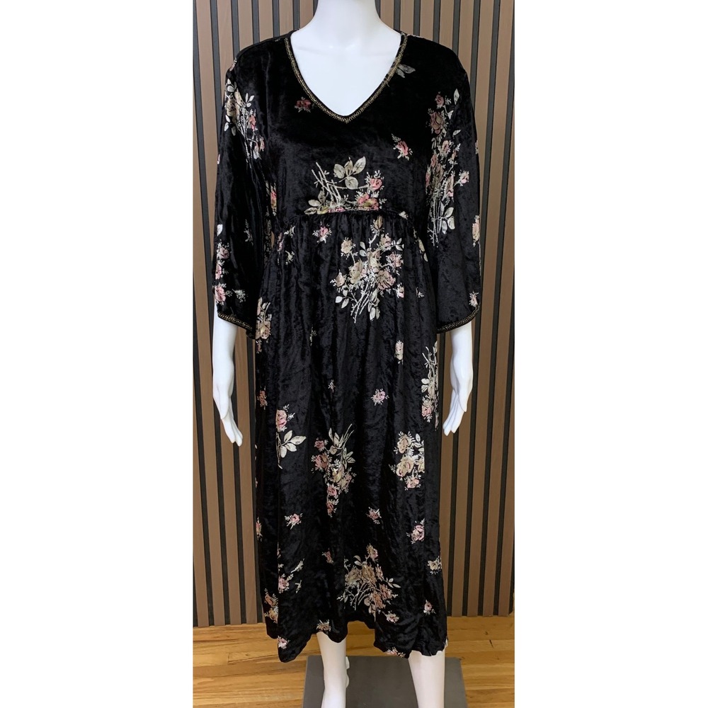 April Cornell Black Velvet Midi Dress with Pink and Cream Floral Print